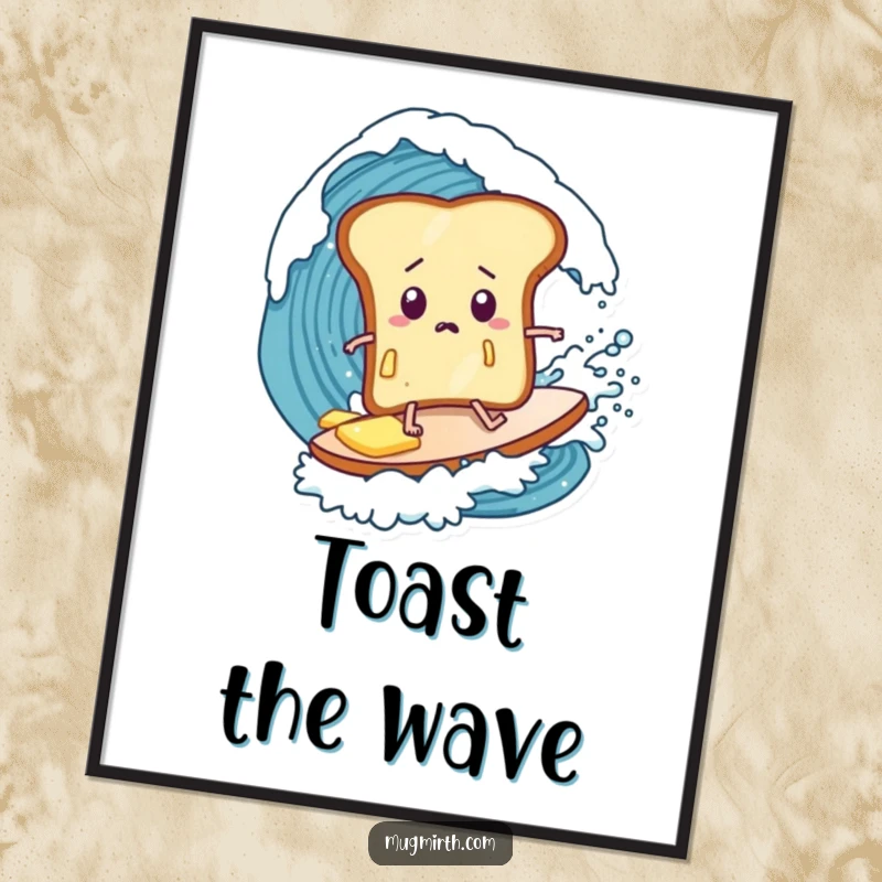 Funny toast digital art print, butter dripping, bewildered expression, surfing a giant wave, a humorous and printable artwork.