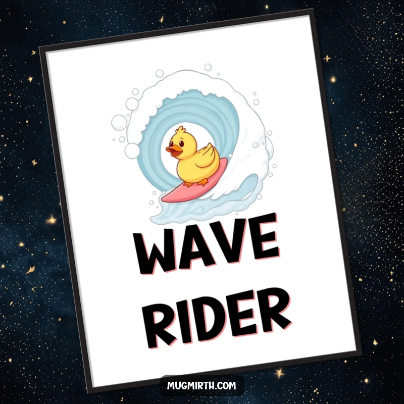 Funny surfing rubber duck digital art print of a duck riding a bubble bath wave. Instant cheerful decor.