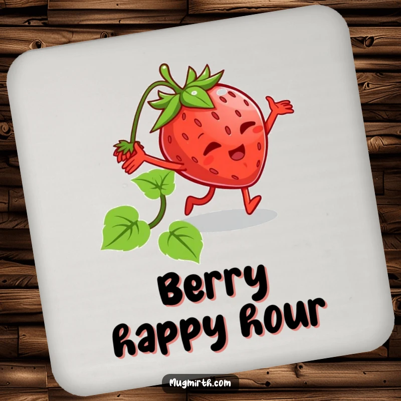 Funny tripping strawberry coaster featuring a cartoon strawberry with legs tripping over its vine. Protects surfaces with humor.