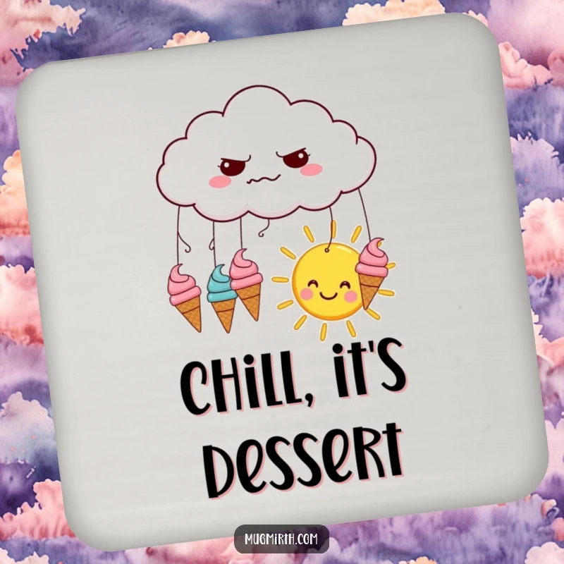 Funny coaster art: a grumpy cloud rains ice cream cones onto a happy sun, adding humor to drink protection.