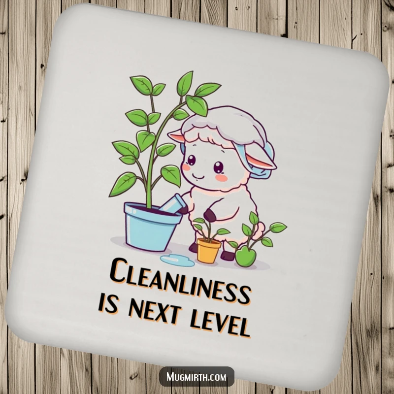 Funny sheep wearing a shower cap, watering a plastic plant, on a drink coaster, a humorous and functional funny gift.