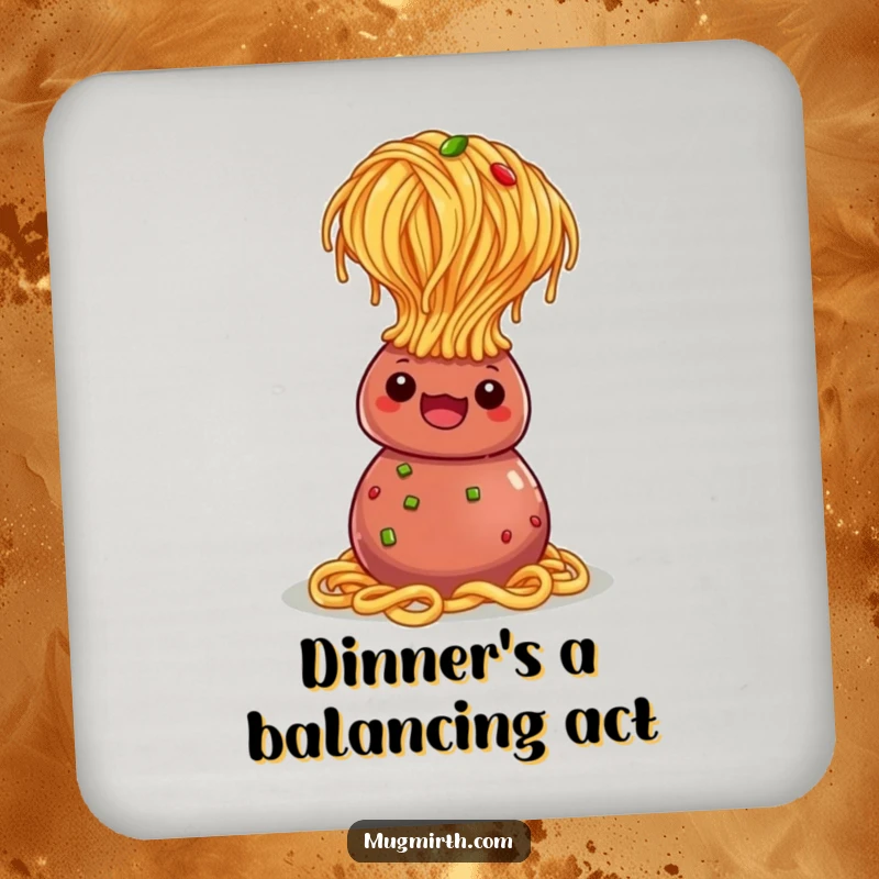 Funny Coaster: A spaghetti noodle performing a headstand with great balance on a meatball.