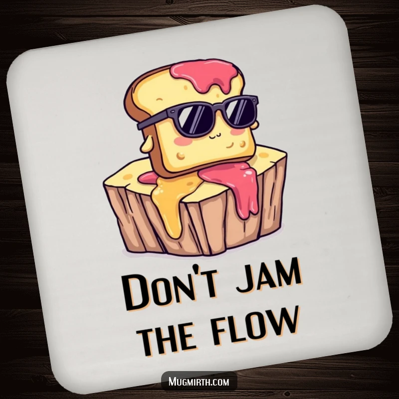 Funny drink coaster with toast wearing sunglasses, comically falling into jam, protecting surfaces with humor.