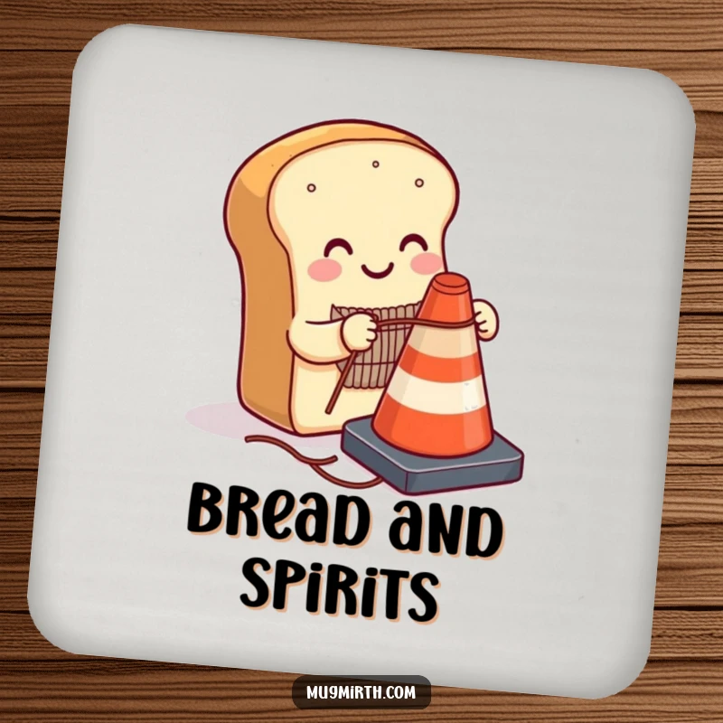 Funny smiling loaf of bread knitting a sweater for a traffic cone on a drink coaster, adding quirky humor to tabletops.
