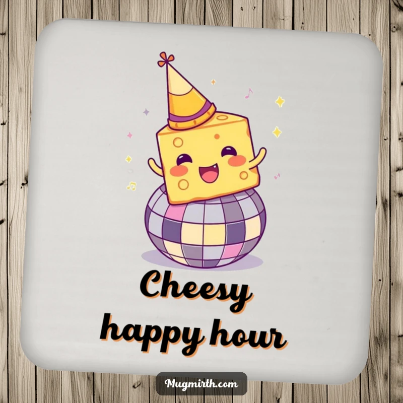 Funny Disco Cheese Coaster: A cheese wedge with a party hat spins wildly on a disco ball, artistic fun.
