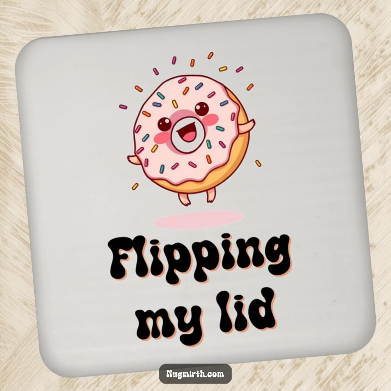 Funny donut drink coaster with sprinkles doing a cartwheel, glaze flying, a humorous accessory for drinks.