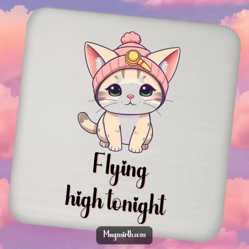 Funny Flying Cat Coaster: A coaster depicting a silly cat in a propeller beanie, flapping its huge ears in a comical attempt at flight.