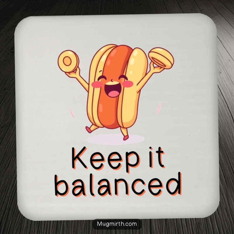 Funny Happy Hot Dog Coaster: A coaster showing a happy hot dog skillfully juggling its bun, adding a touch of humor to drinks.