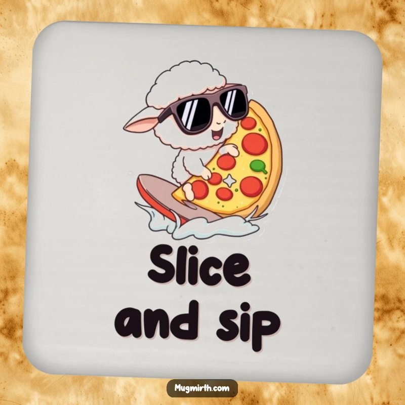 Funny Drink Coaster: A sheep in oversized sunglasses surfs a pizza slice. Protects surfaces with humor, a funny gift.