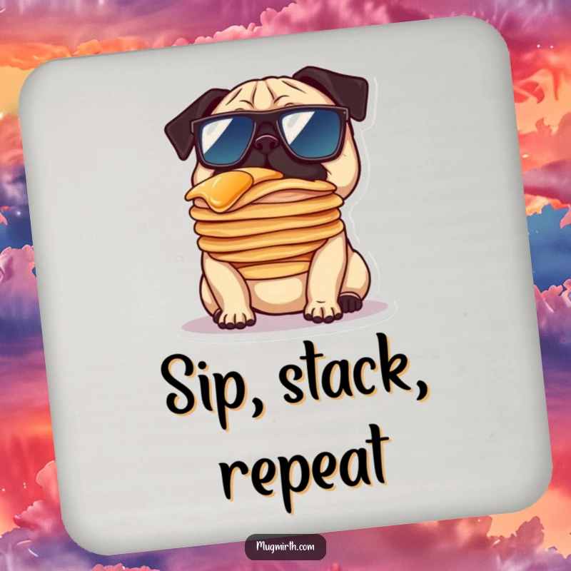 Funny coaster set depicting a pug in oversized sunglasses balancing a stack of pancakes on its nose, adding humorous charm to any table.