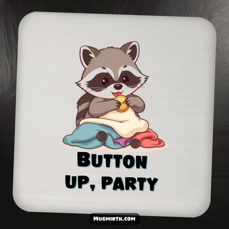 Funny Raccoon Coaster: A cute raccoon is depicted stealing a shiny button, adding humor to drink protection.
