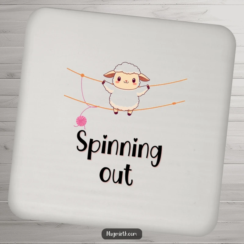 Funny sheep coaster, fluffy, walking a clothesline tightrope, unraveling yarn, a whimsical and protective accessory.