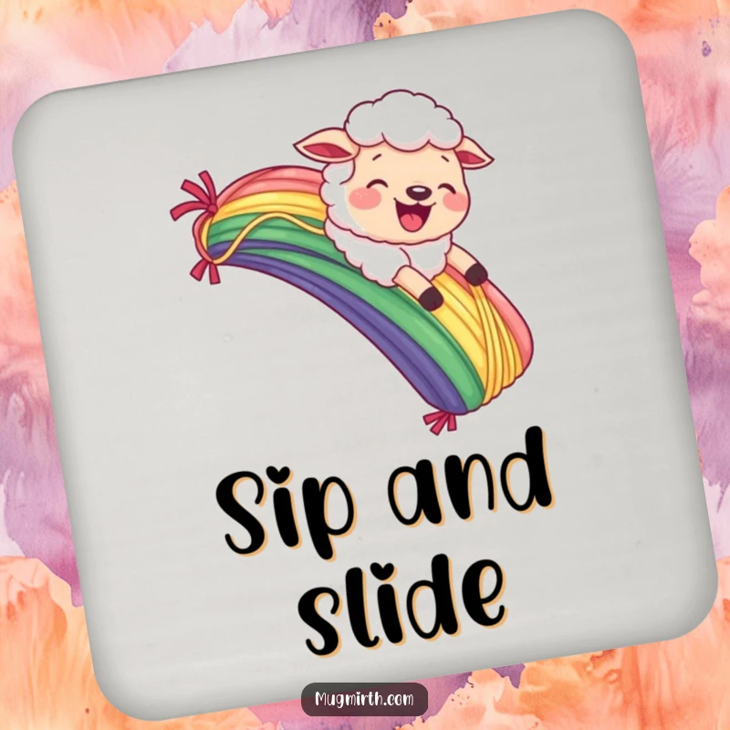 Funny Sheep Coaster: Protects surfaces with a joyful sheep sliding down a yarn rainbow, comical grimace.