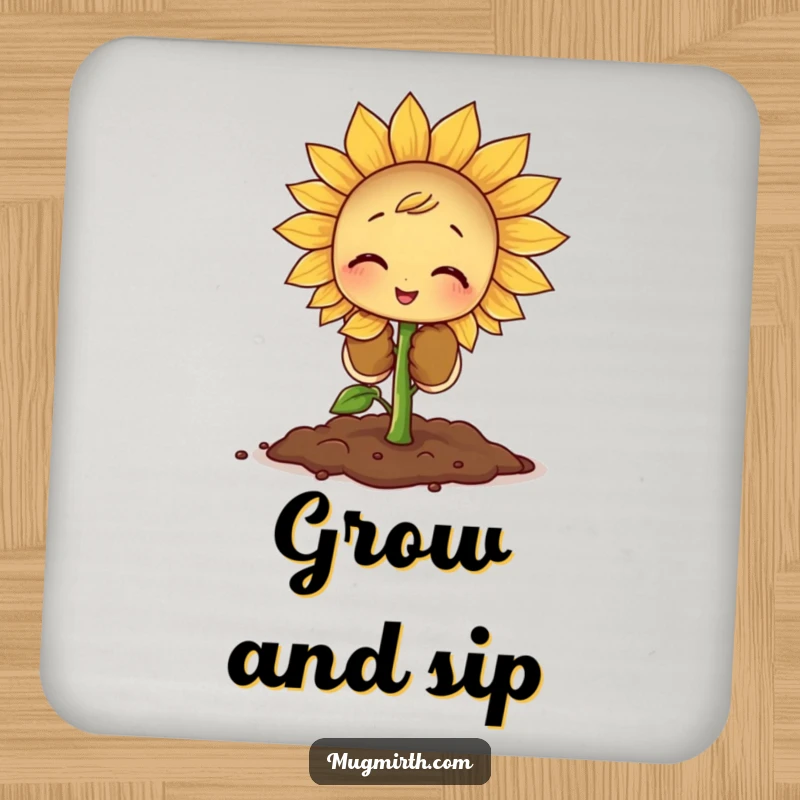 Funny Sprout Coaster: A tiny sprout in oversized gloves struggles to plant a giant sunflower seed.