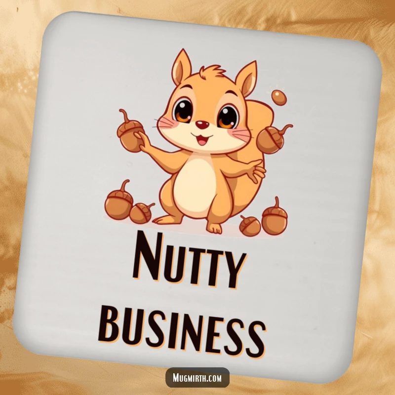 Funny drink coaster depicting a squirrel frantically juggling acorns with wide eyes, a comical and practical item.