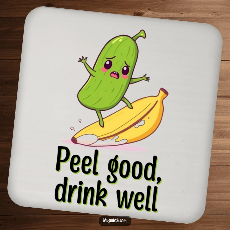 Funny drink coaster with a startled pickle comically surfing a runaway banana peel, protecting furniture with humor.