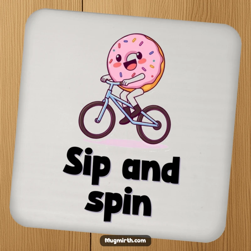 Funny donut coasters, a donut character wobbling on a unicycle, protecting surfaces with sweet charm.