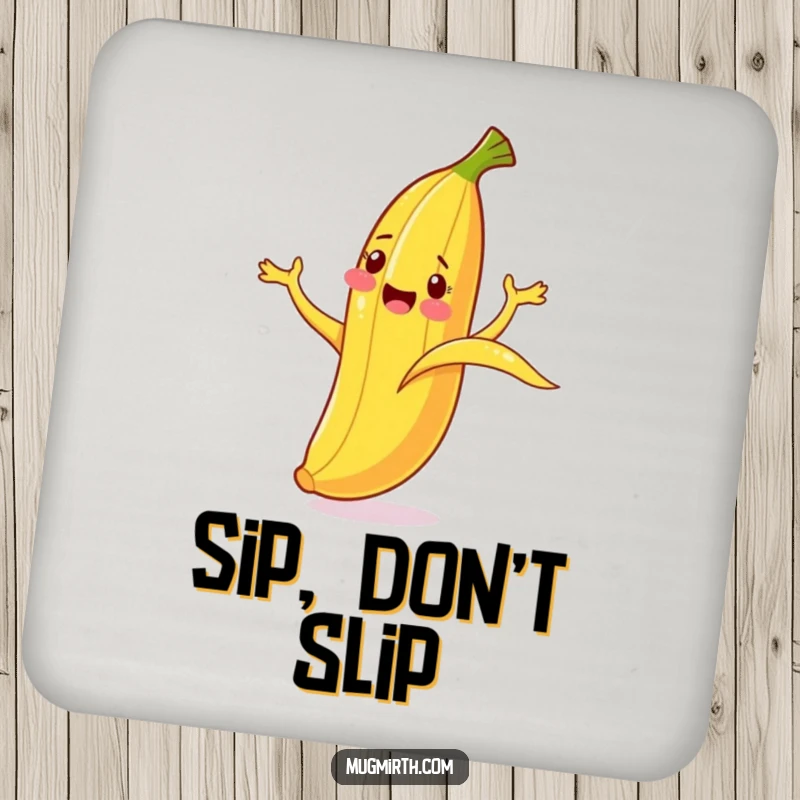 Funny Banana Slip Coaster: A cheerful banana cartoonishly flails after slipping on its peel, protecting your table.