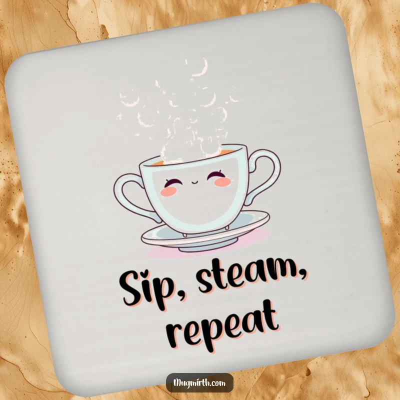 Funny drink coaster illustration of a cute sentient teacup blowing large, playful steam bubbles, a charming protective accessory.