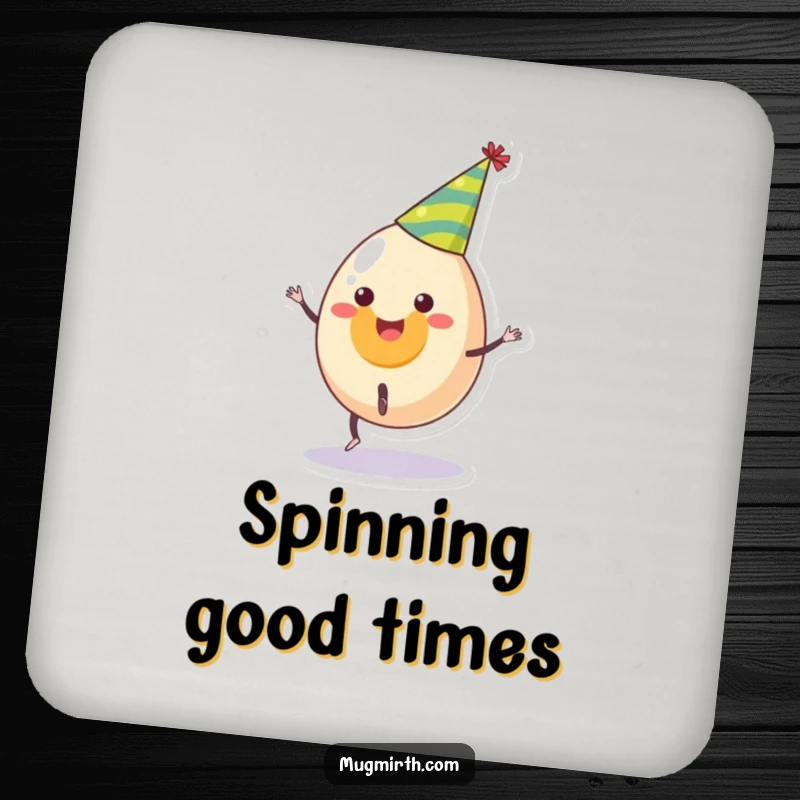 Funny drink coaster showcasing a smiling egg in a party hat attempting a cartwheel, a humorous protective gift.