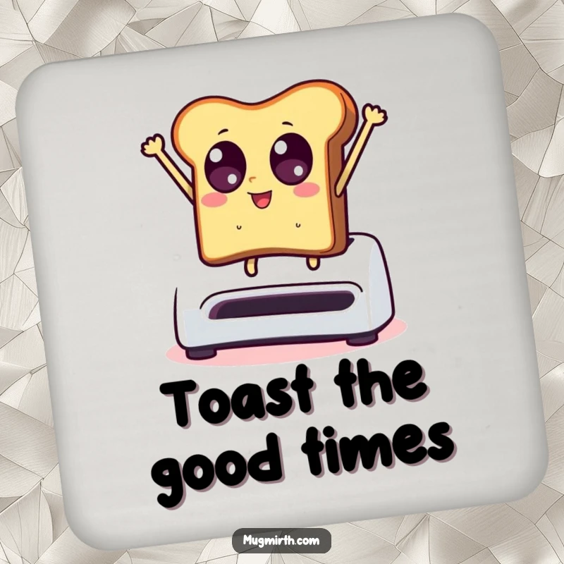 Funny coaster art: toast with wide eyes leaps from a toaster, adding a humorous touch to drink protection.