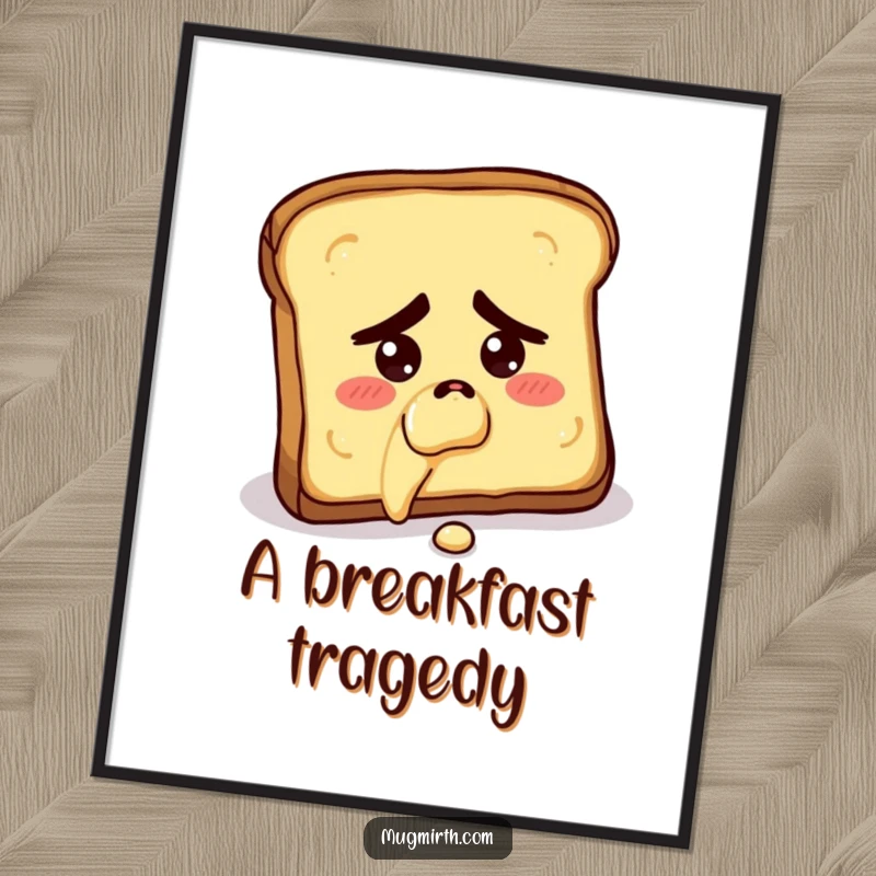 Funny art poster of a concerned slice of toast falling butter-side down, adding kitchen humor and charm.