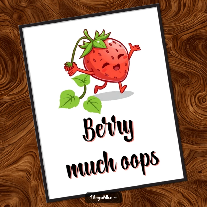 Funny tripping strawberry poster showing a cartoon strawberry with arms and legs tripped by its vine. Lively and comical wall decor.