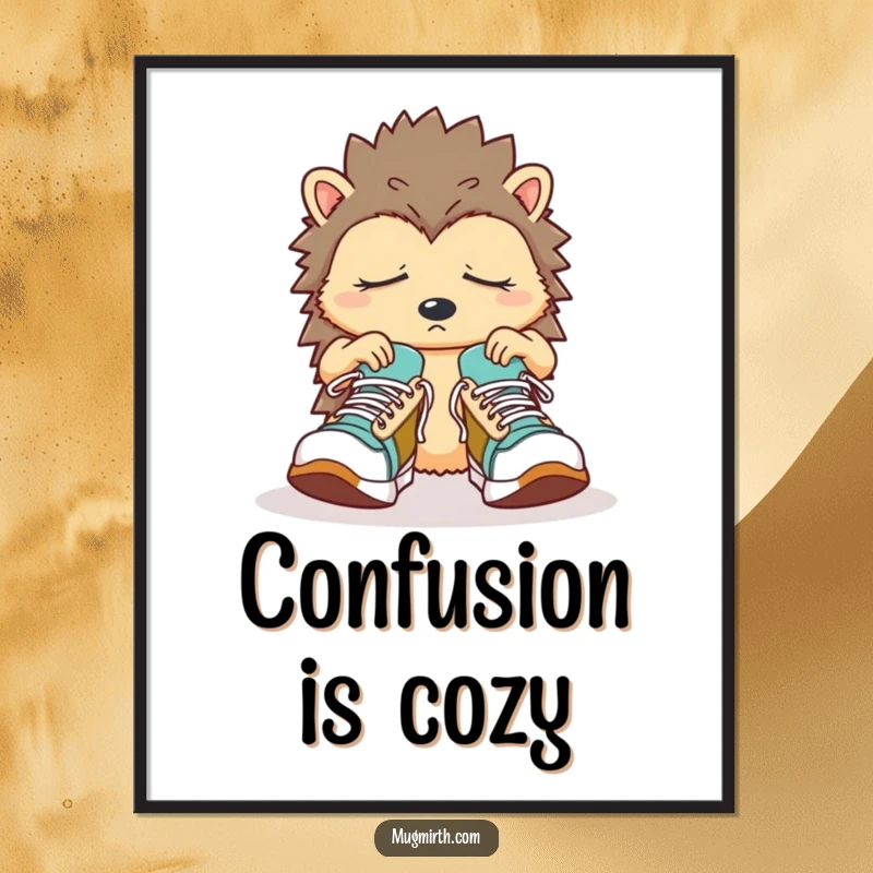 Funny Sleepy Hedgehog Poster: A confused hedgehog fumbles with oversized sneakers, capturing morning mayhem.