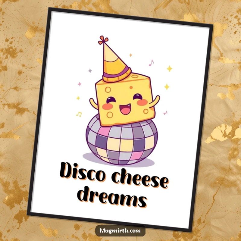 Funny Disco Cheese Poster: A cheese wedge in a party hat spins wildly on a shiny disco ball, artistic fun.