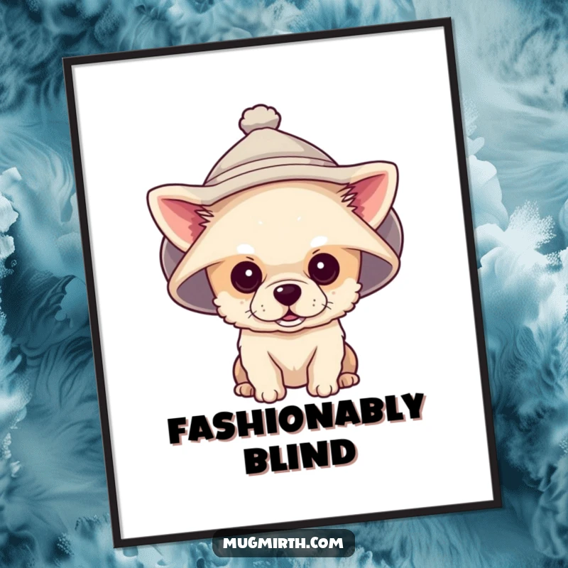 Funny poster of a tiny dog comically wearing a giant hat that completely obstructs its view.