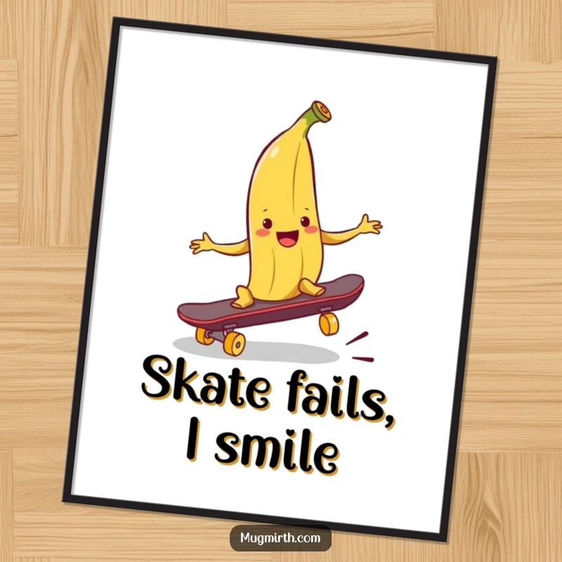 Funny banana peel poster depicting a smiling peel strategically placed to trip a skateboard, adding humor to decor.