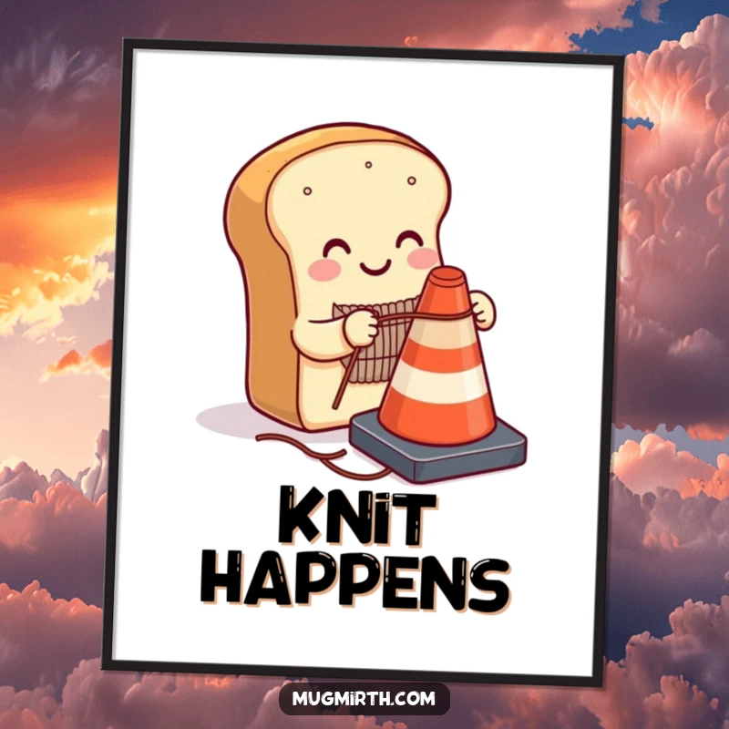 Funny smiling loaf of bread humorously knitting a sweater for a traffic cone on a poster, perfect for quirky wall art and humorous gifts.