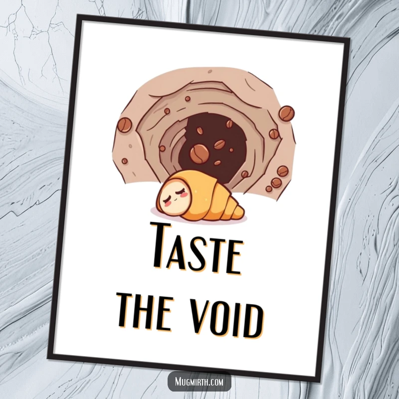 Funny poster art of a sleepy croissant comically pulled into a wormhole by a coffee bean, creating a humorous cosmic scene.