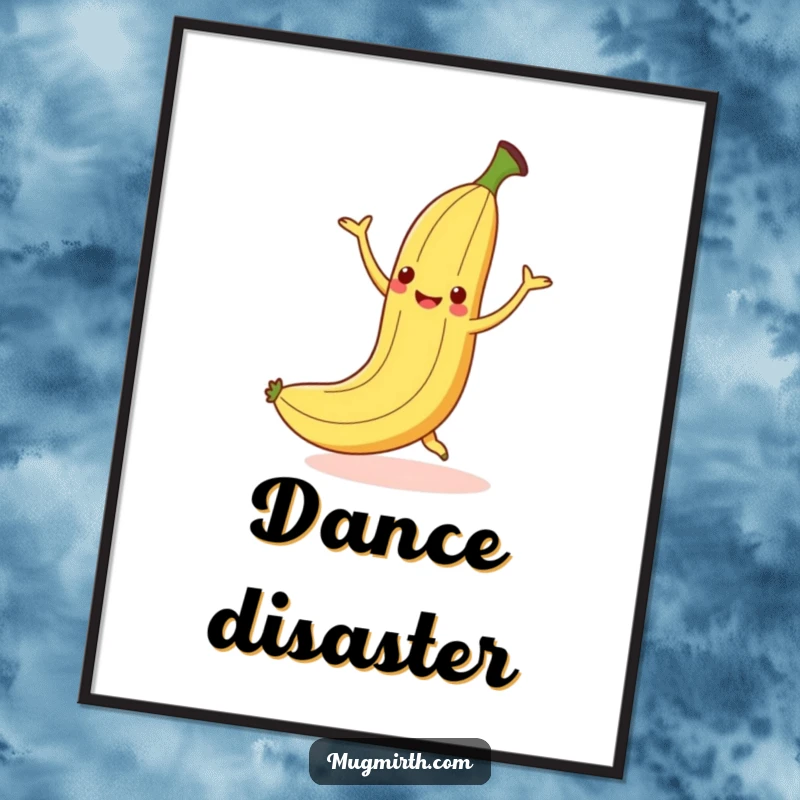 Funny dancing banana slipping on a peel with a wide smile, humorous wall art.