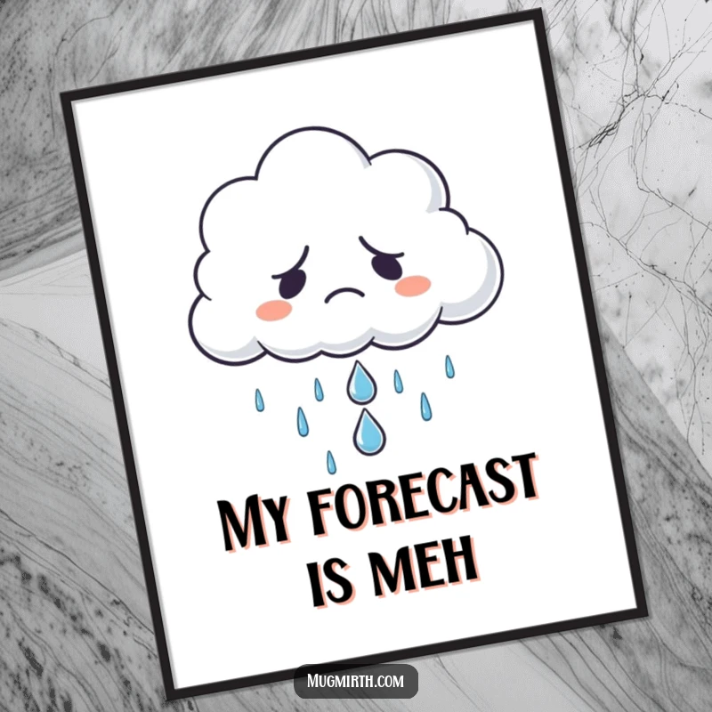 Funny grumpy cloud refusing to rain, offering a single sad raindrop, as wall art, adding moody humor, a funny gift.