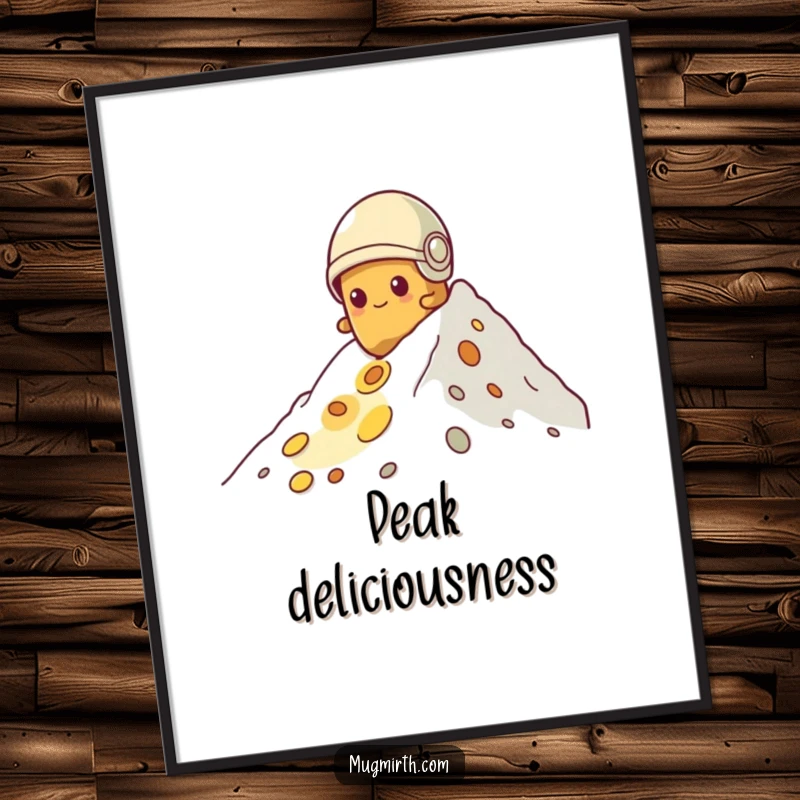 Funny potato poster, wearing a helmet, determinedly climbing a giant mountain of cheese, a whimsical and humorous print.