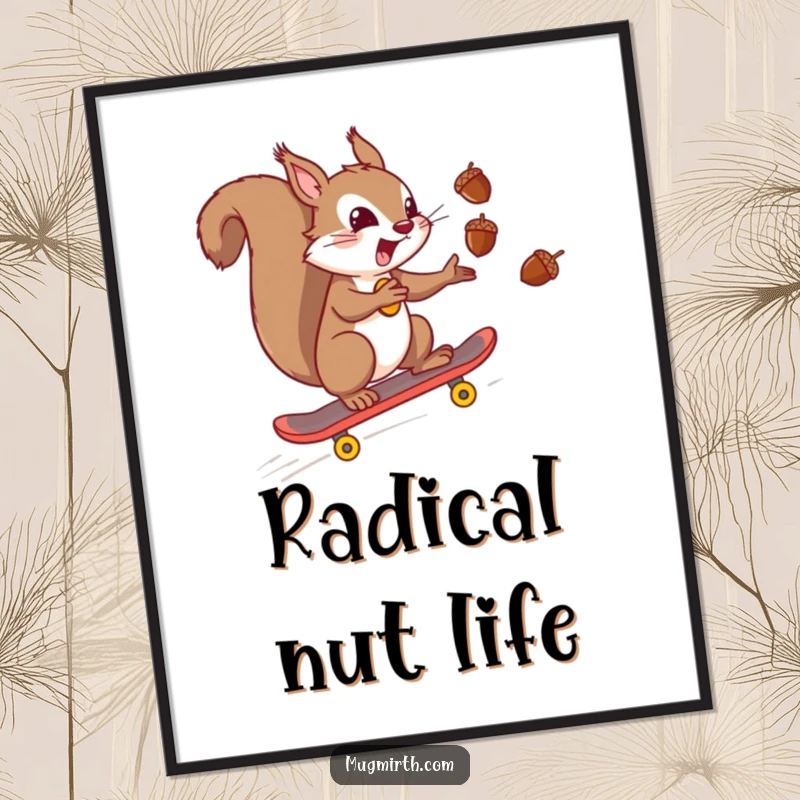 Funny mischievous squirrel juggling acorns while skateboarding at speed downhill, creating dynamic wall art. A thrilling and funny poster.