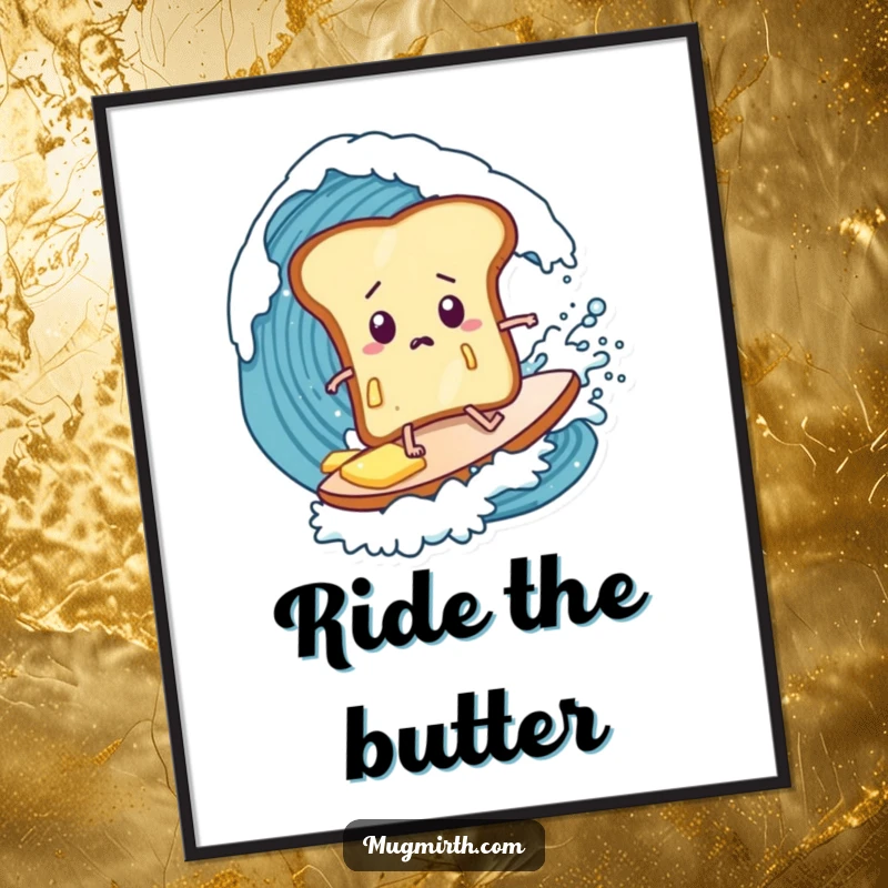 Funny toast poster, butter running down, looking confused while surfing a huge ocean wave, a whimsical and humorous print.