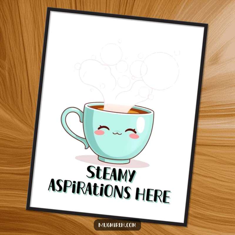 Funny teacup poster depicting a sentient cup blowing enormous steam bubbles, adding whimsical humor to decor.