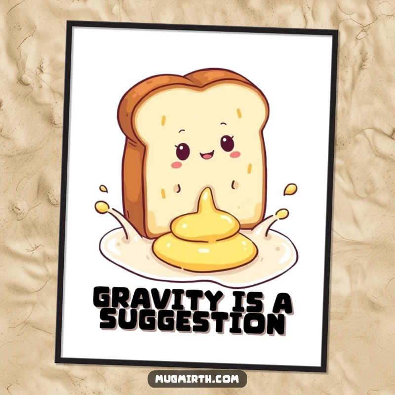 Funny poster showing a dramatic splash as toast falls into butter, a hilarious piece of kitchen wall art.