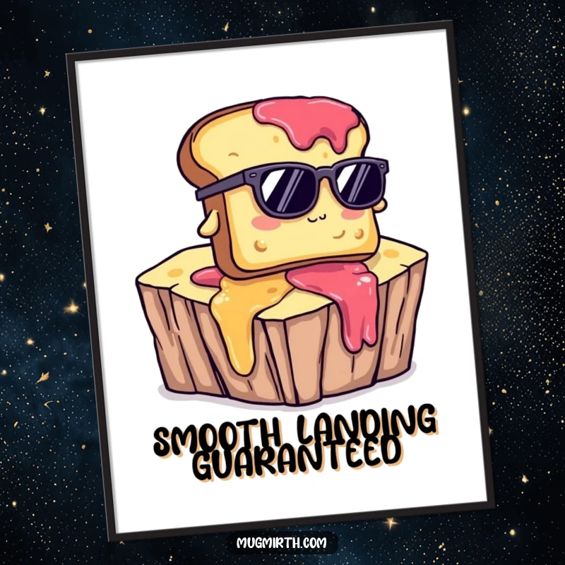 Funny poster art of toast wearing sunglasses, comically falling off a jam cliff, creating a humorous breakfast scene.