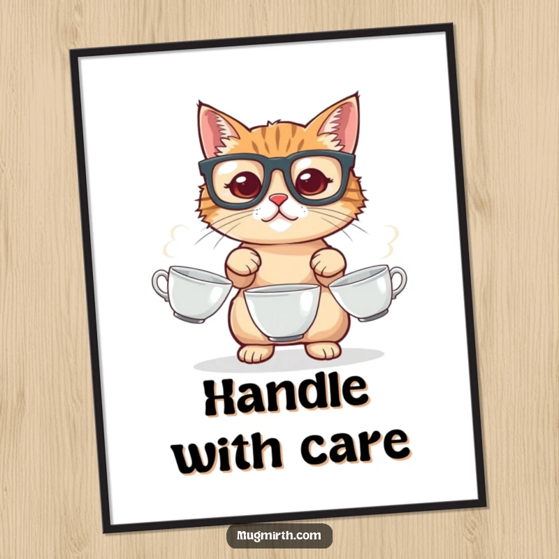 Funny cat poster, wearing glasses, juggling three spinning teacups with precarious balance, a hilarious piece of feline art.
