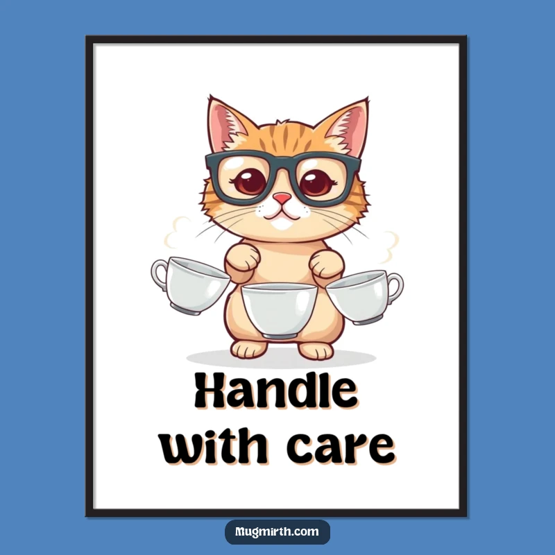 Funny Cat Juggling Poster: Hilarious Feline Teacup Acrobatics Art