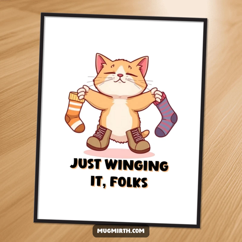 Funny poster art of a bewildered cat in oversized boots attempting to juggle three socks, creating a comical visual.