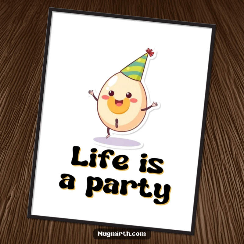 Funny poster of a smiling egg in a party hat attempting a cartwheel, radiating infectious energy and humor, a gift.