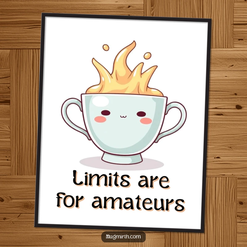 Funny Poster: Wall art depicting a teacup with a smug grin, humorously overflowing.