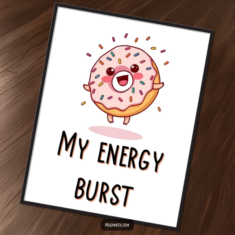Funny donut poster with sprinkles doing a cartwheel, glaze flying, a dynamic and humorous piece of wall art.