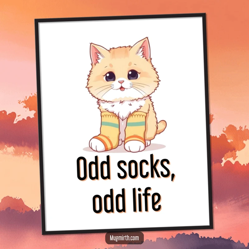 Funny poster of a fluffy cat hilariously attempting to wear oversized, mismatched socks, creating a comical and endearing scene.