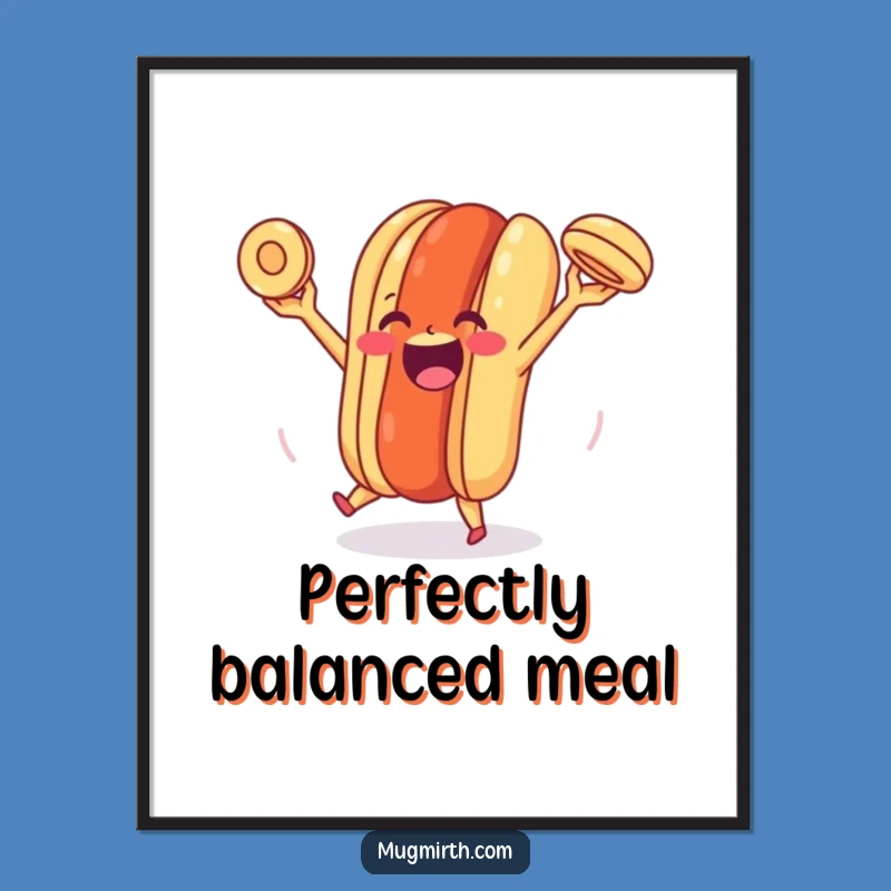 Funny Happy Hot Dog Poster: Juggling Bun Joy art, a hilarious gift for kitchens.