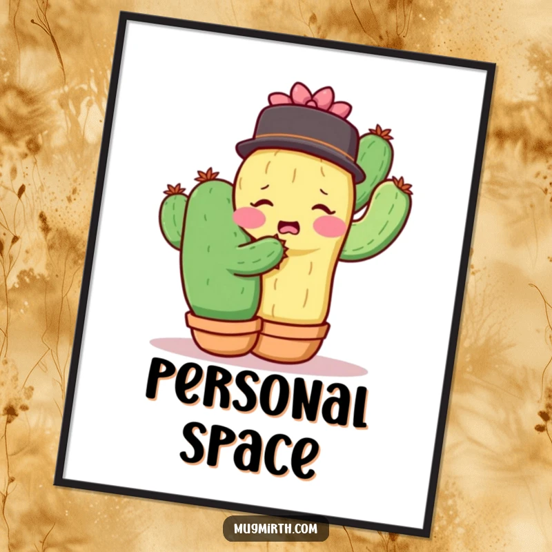 Funny shy cactus recoiling from a hug, capturing a moment of social awkwardness on a poster.